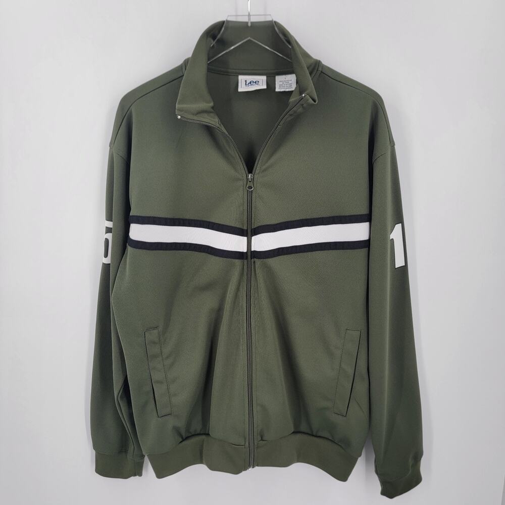 Lee Sport Track Jacket Mens Large Green Black White Stripe Zip Up Mock Neck